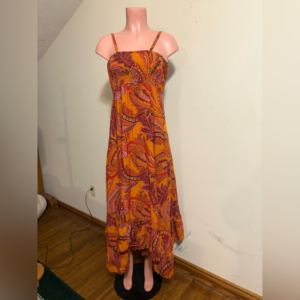 Earthbound Trading Co. small bohemian-style dress orange and red paisley print